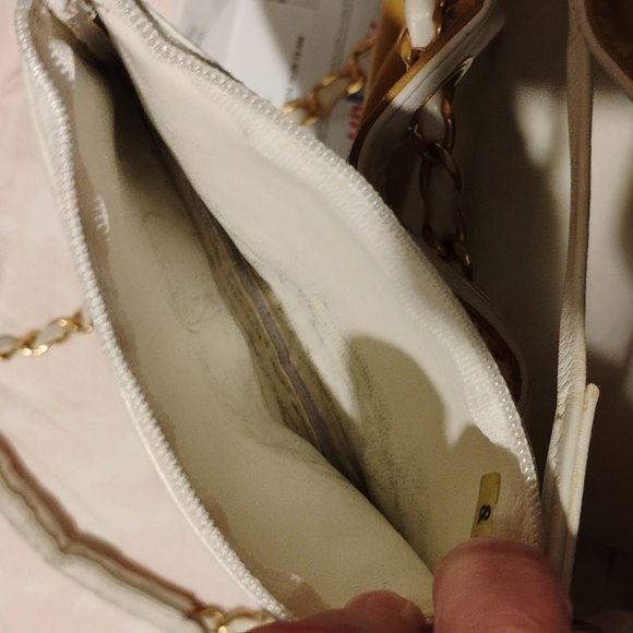 FLASH SALE! Auth CHANEL Shoulder Bag W Chain Strap White Leather Mustard Fabric - Picture 16 of 16